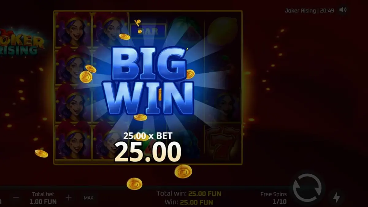 Interface vibrante e colorida do jogo de slot Joker Rising com símbolos de frutas e neon